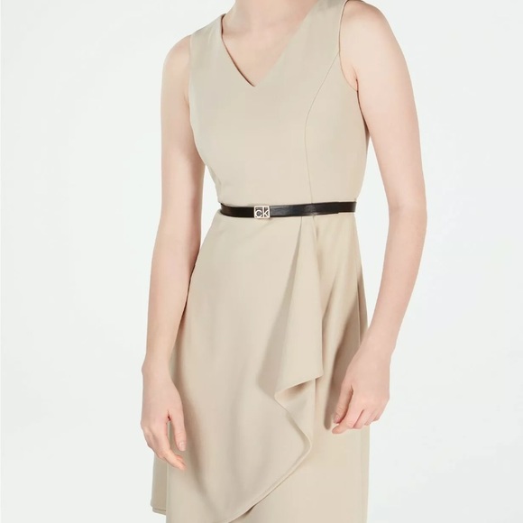 Calvin Klein | Dresses | Calvin Klein Beige Cutaway Ruffle Dress | Poshmark